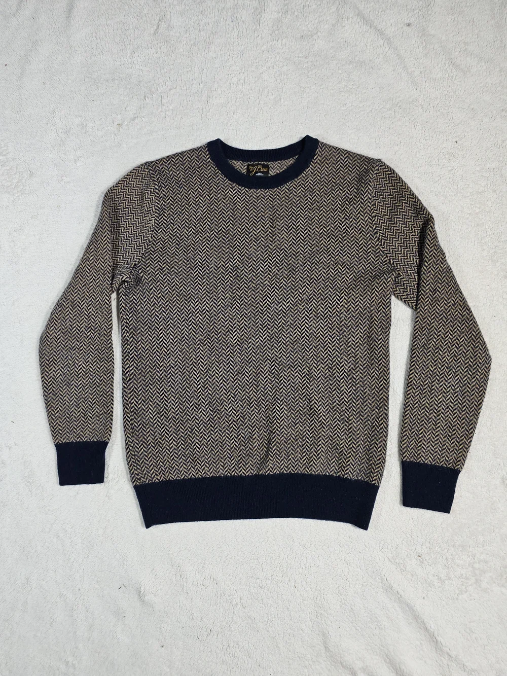 J Crew 100% Cashmere Herringbone Jacquard Crewneck Sweater in Tan & Blue Size S.